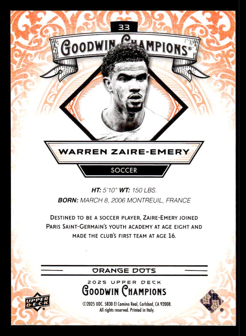 2025 Upper Deck Goodwin Champions #33 Warren Zaire-Emery Orange Dots