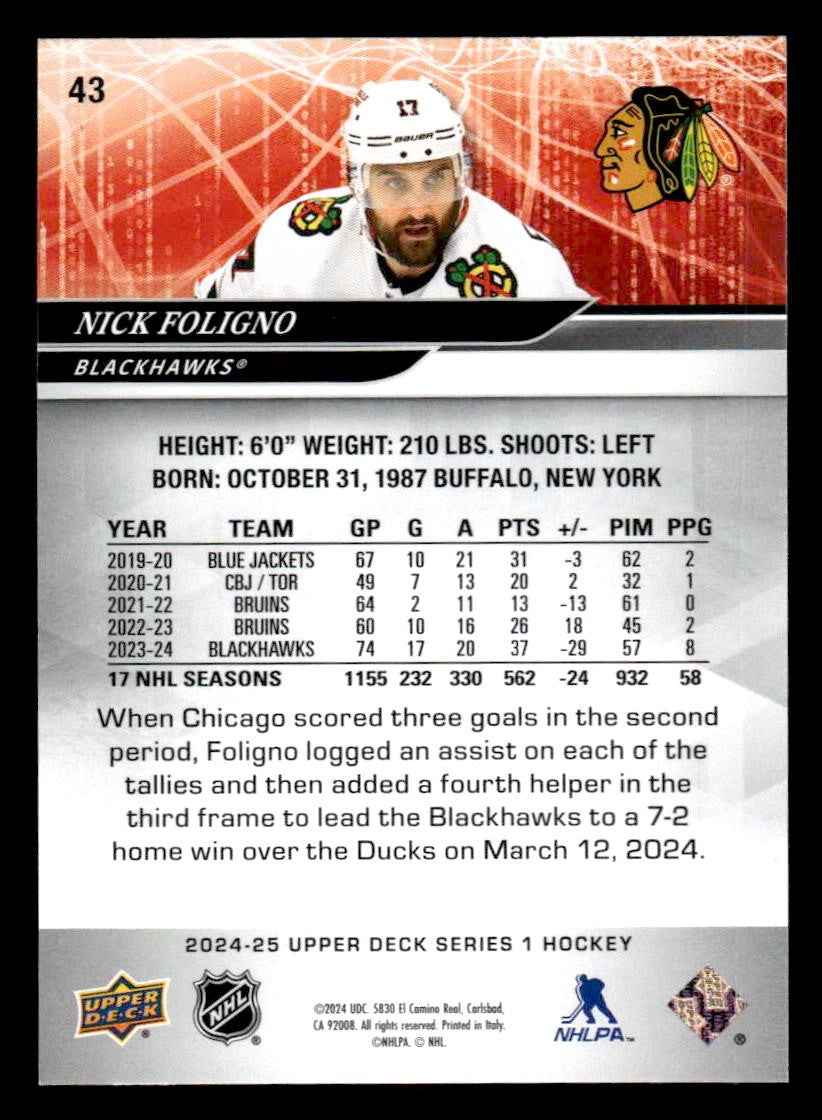 2024-25 Upper Deck #43 Nick Foligno