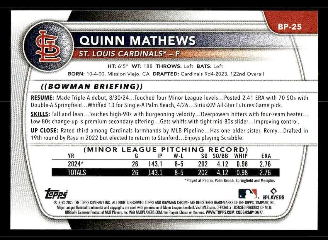 2025 Bowman #BP-25 Quinn Mathews Prospects
