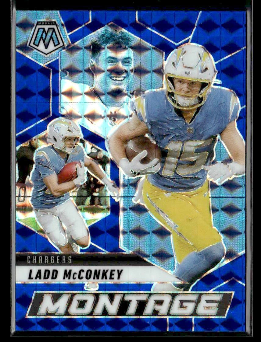 2025 Panini Mosaic #6 Ladd McConkey Montage Mosaic Blue #/99