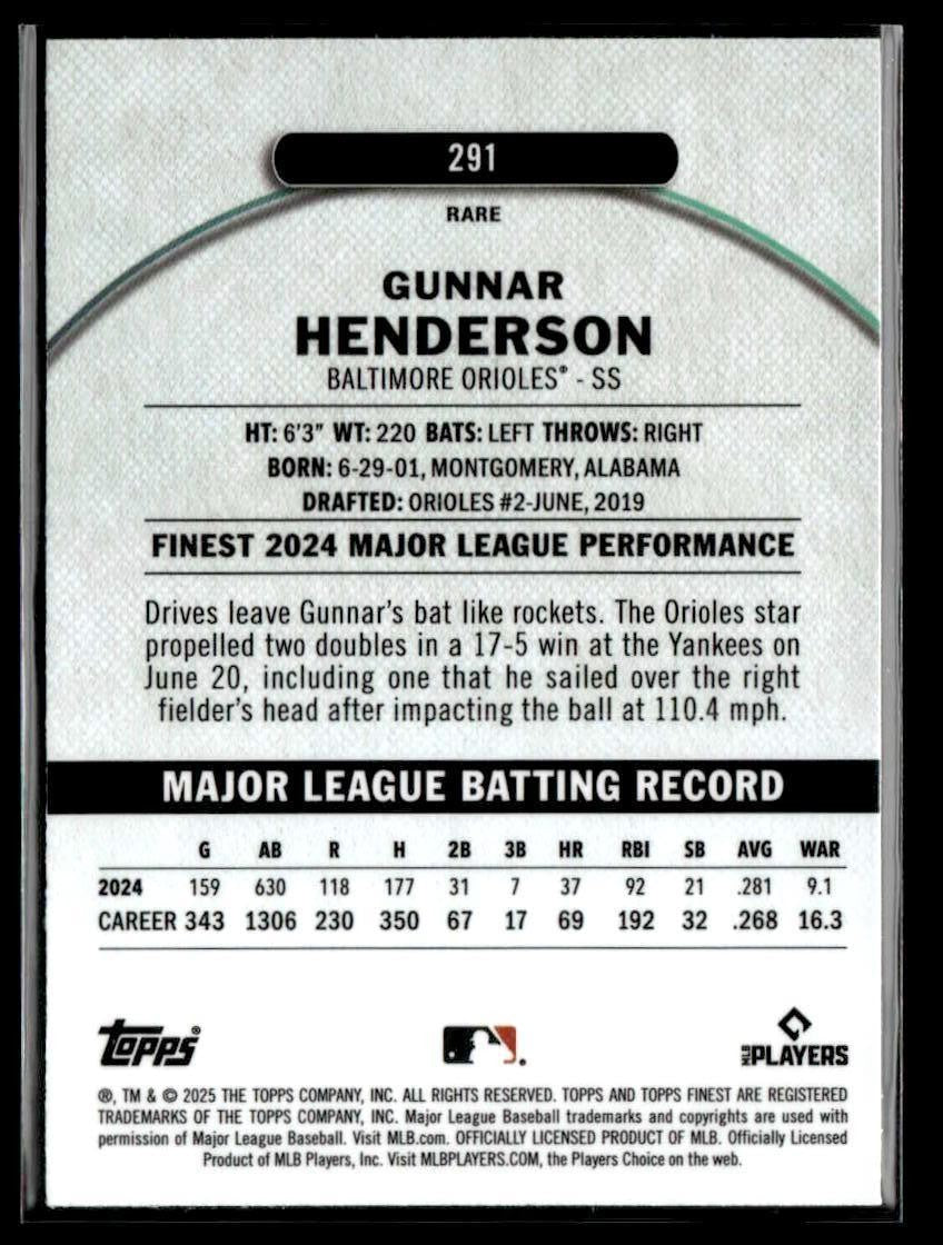 2025 Finest #291 Gunnar Henderson Sky Blue #/150