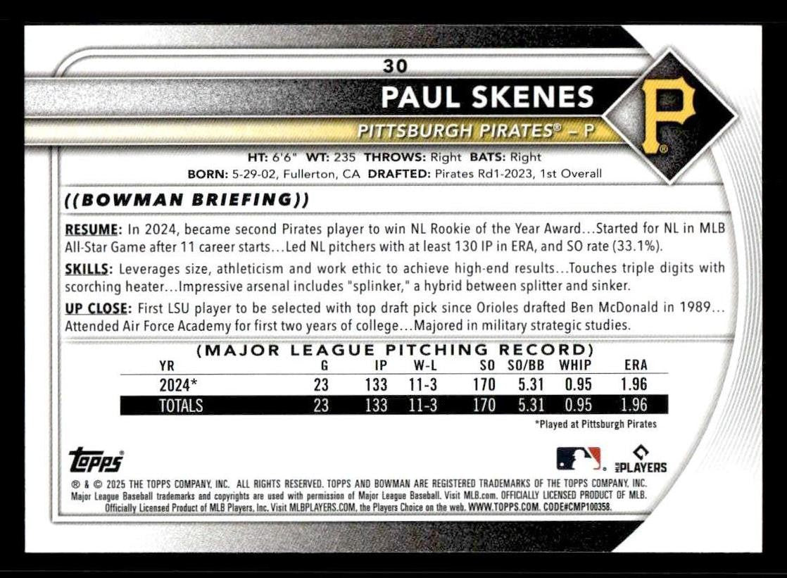 2025 Bowman #30 Paul Skenes