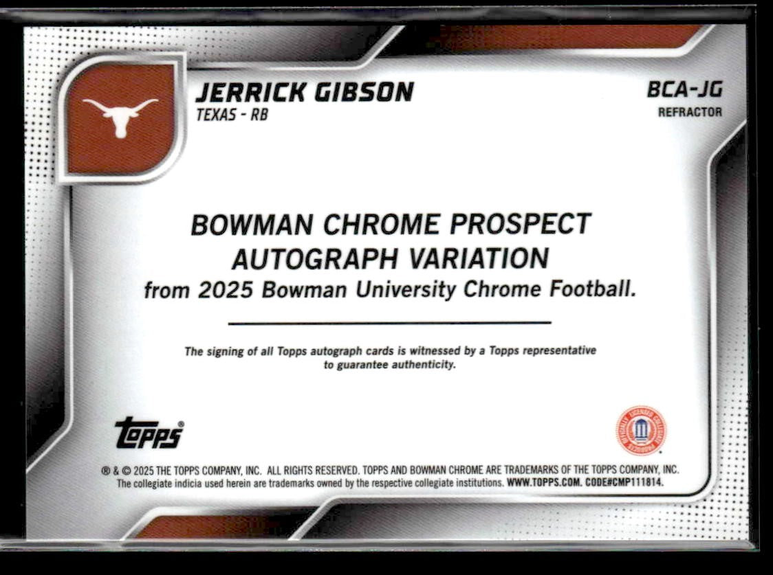 2025 Bowman U Chrome #BCA-JG Jerrick Gibson Chrome Prospect Autos Refr #/299