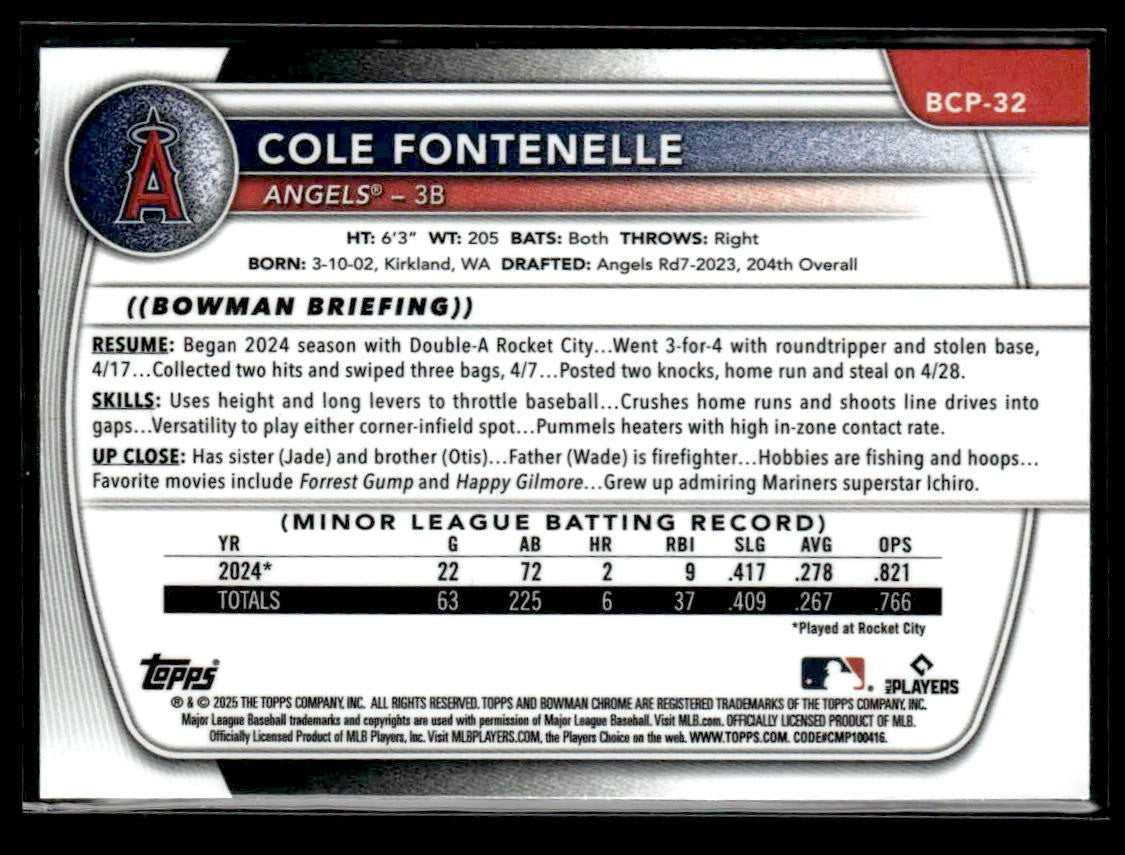 2025 Bowman #BCP-32 Cole Fontenelle Chrome Prospects Reptilian Refractor