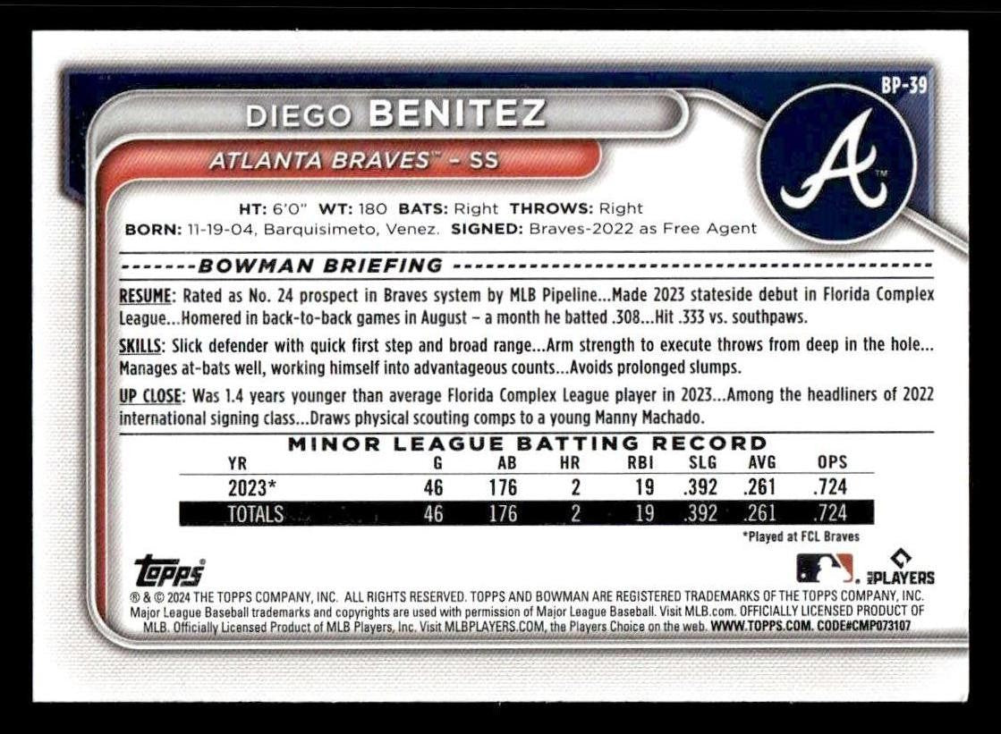 2024 Bowman #BP-39 Diego Benitez Prospects