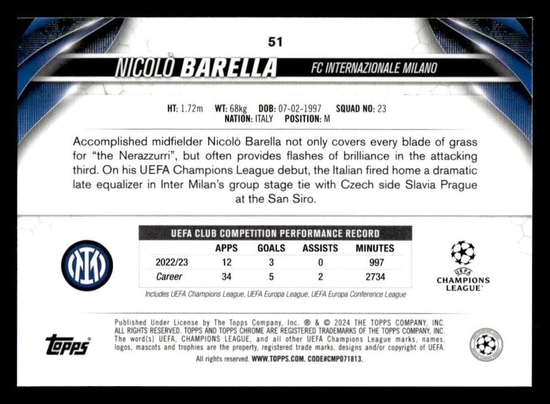 2023-24 Topps Chrome UEFA Club Competitions #51 Nicolò Barella