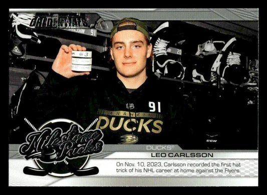 2024-25 Upper Deck Credentials #MP-LC Leo Carlsson Milestone Pucks 1st Hat Trick