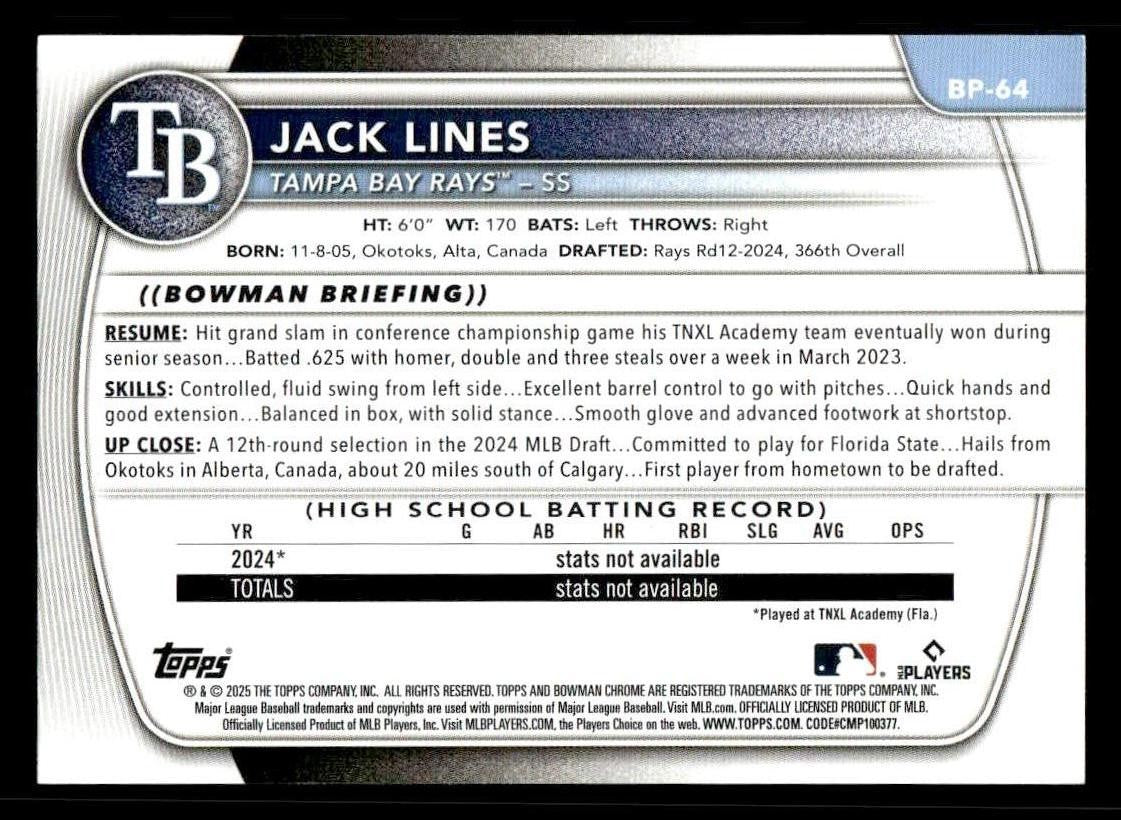 2025 Bowman #BP-64 Jack Lines Prospects