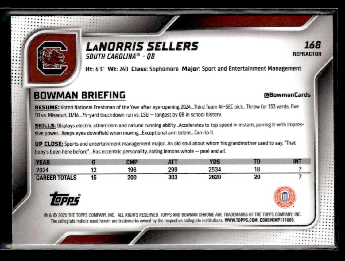 2025 Bowman University Chrome #168 LaNorris Sellers Refractor