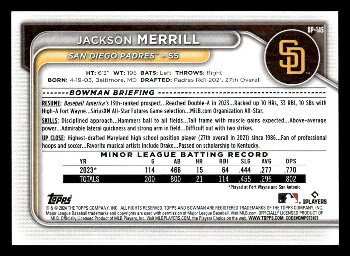2024 Bowman #BP-145 Jackson Merrill Prospects