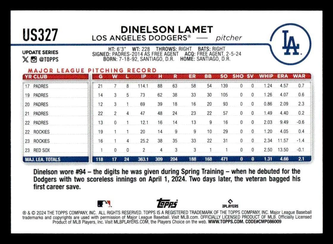 2024 Topps Update #US327 Dinelson Lamet
