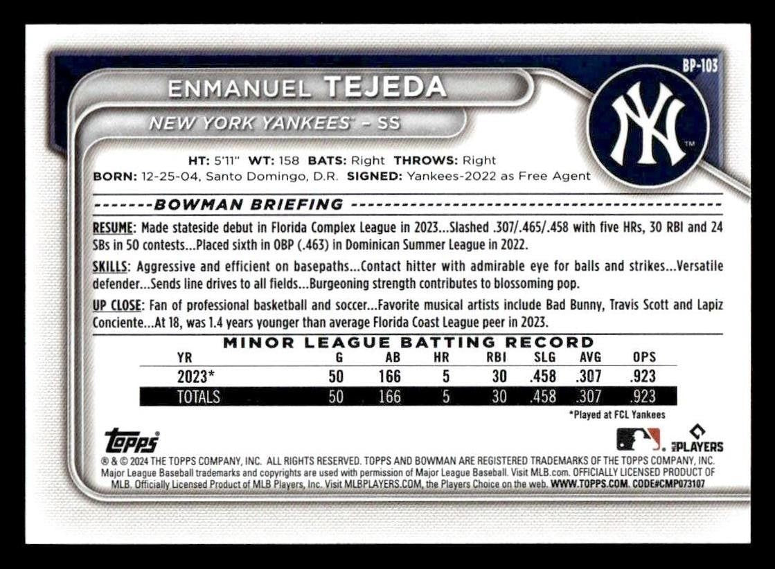 2024 Bowman #BP-103 Enmanuel Tejeda Prospects