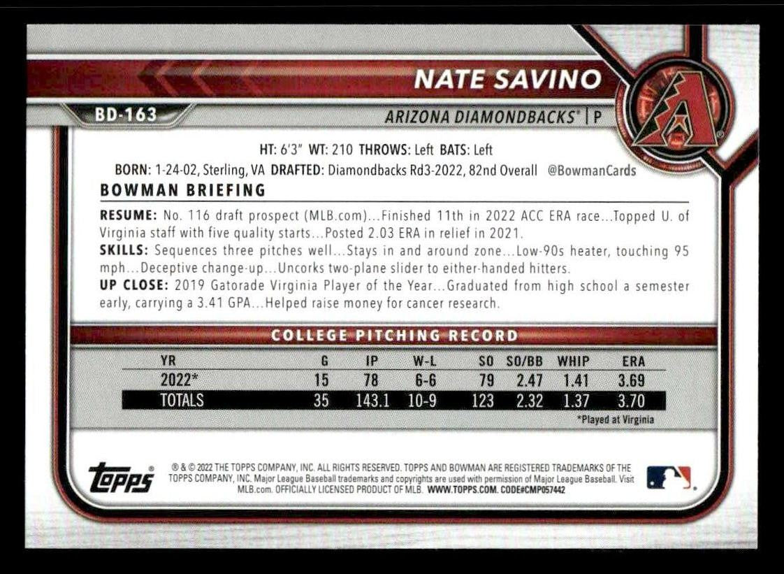 2022 Bowman Draft 1st Edition #BD-163 Nate Savino