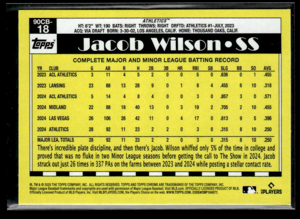 2025 Topps Chrome #90CB-18 Jacob Wilson 1990 Topps Baseball 35th Anniversary