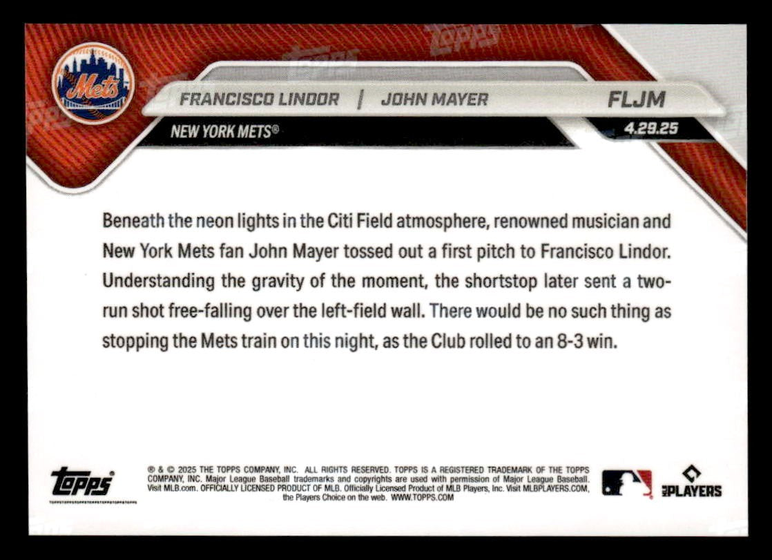 2025 Topps Now #FLJM Francisco Lindor / John Mayer John Mayer 1st Pitch