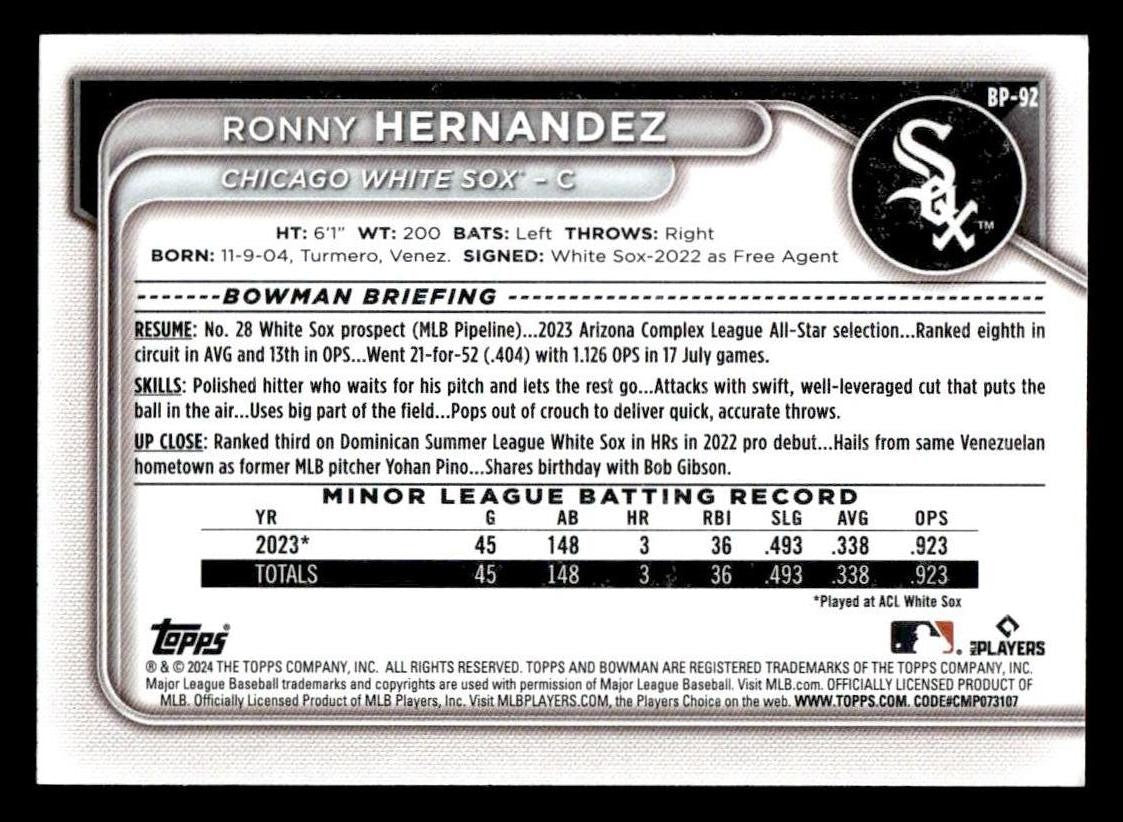 2024 Bowman #BP-92 Ronny Hernandez Prospects