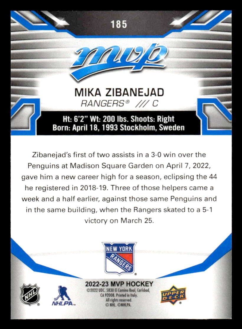 2022-23 Upper Deck MVP #185 Mika Zibanejad Blue Script