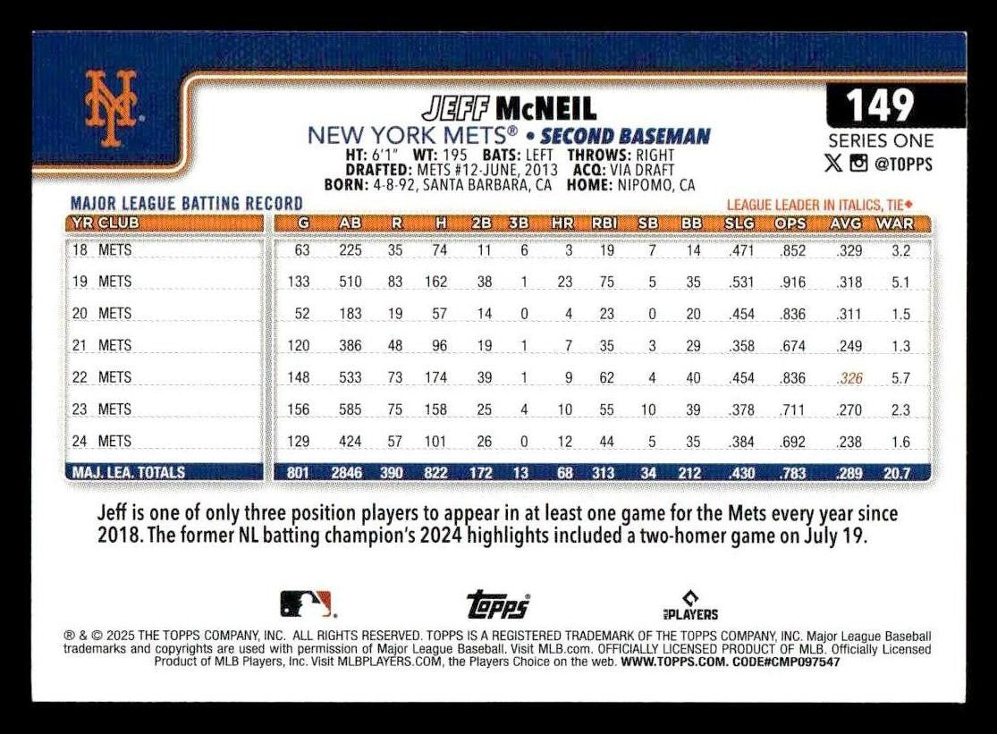 2025 Topps #149 Jeff McNeil