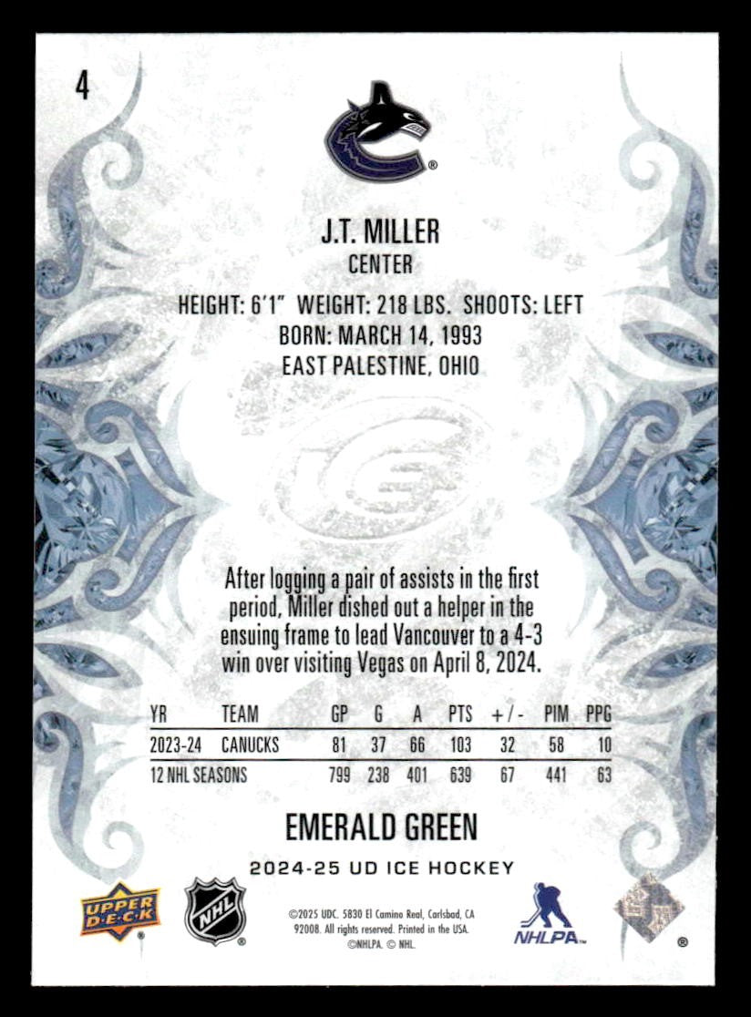 2024-25 Upper Deck Ice #4 J.T. Miller Emerald Green