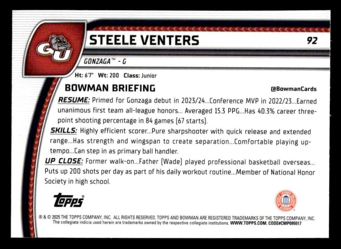 2024-25 Bowman University Chrome #92 Steele Venters X-Fractor