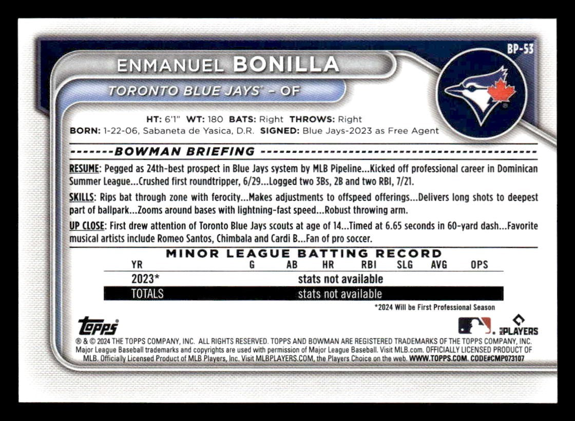 2024 Bowman #BP-53 Enmanuel Bonilla Prospects