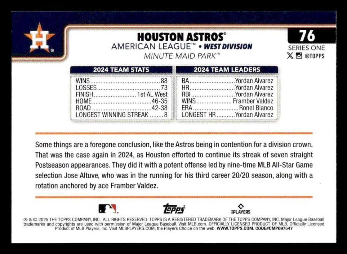 2025 Topps #76 Houston Astros Holo Foil