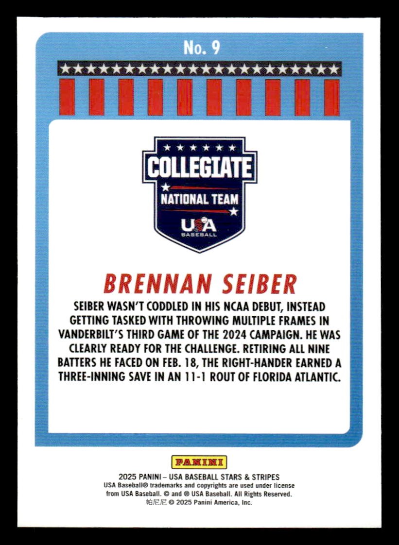 2025 Panini Stars and Stripes USA Baseball #9 Brennan Seiber Opening Day