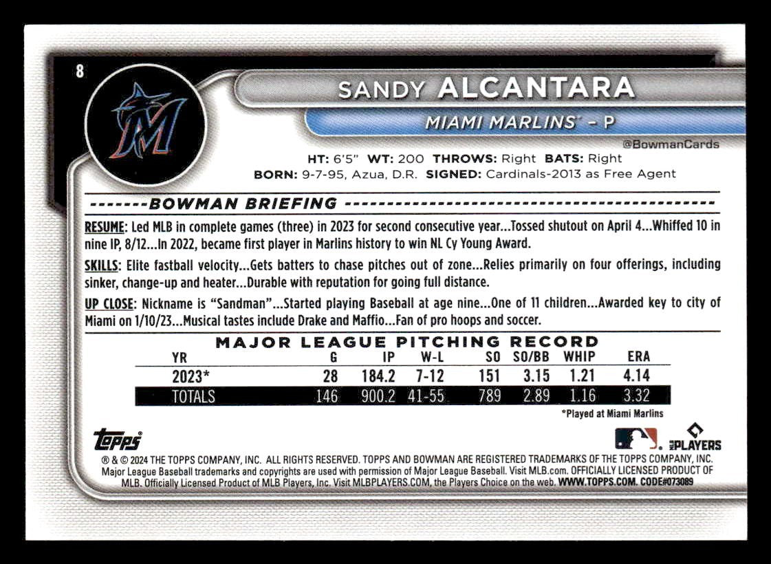 2024 Bowman #8 Sandy Alcantara