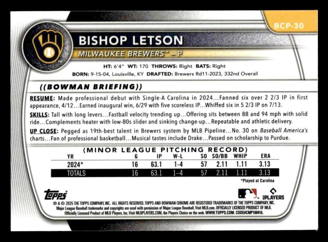 2025 Bowman #BCP-30 Bishop Letson Chrome Prospects