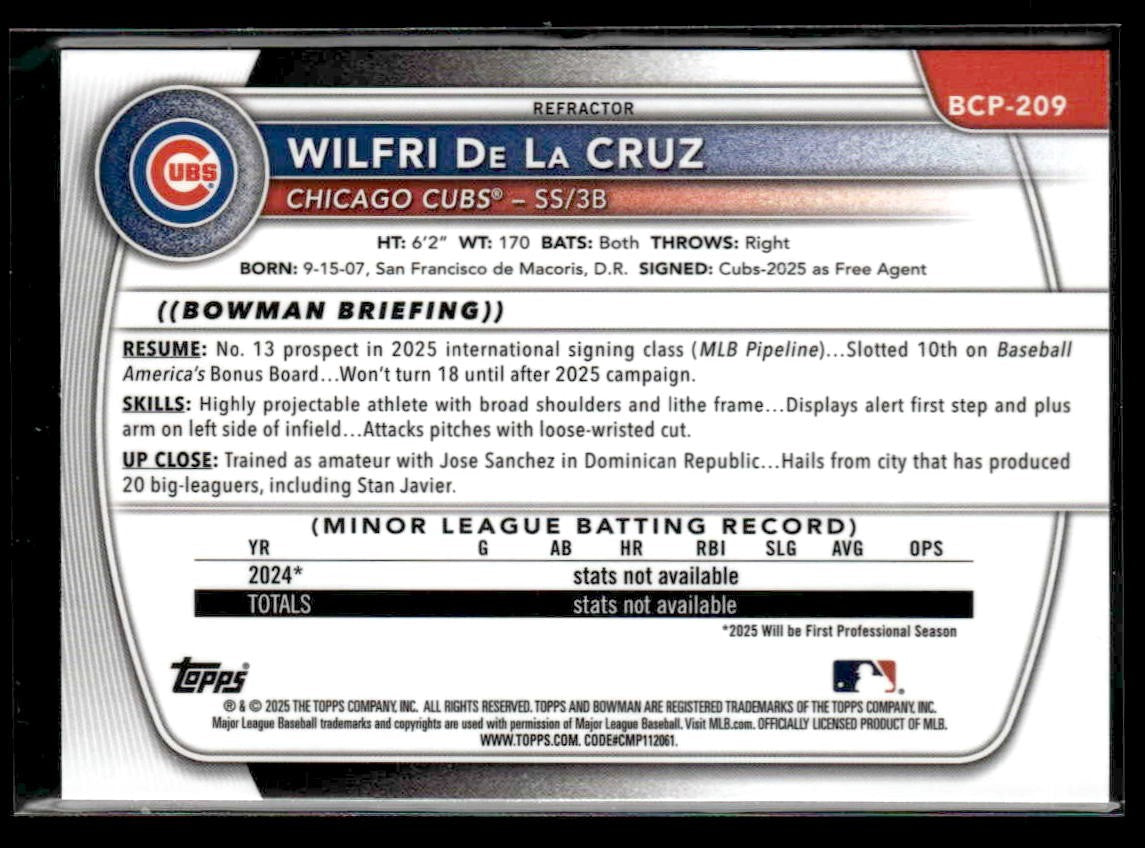 2025 Donruss Chrome #BCP-209 Wilfri De La Cruz Refractor #126/499