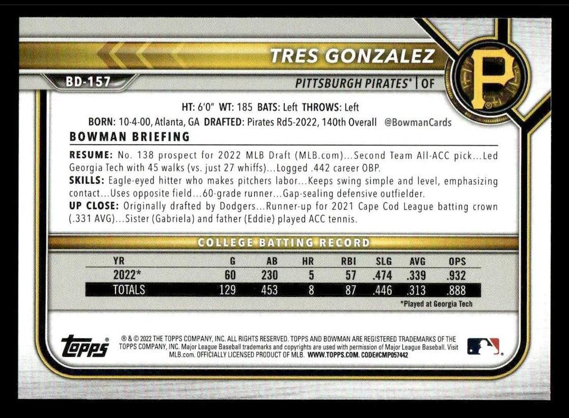 2022 Bowman Draft 1st Edition #BD-157 Tres Gonzalez