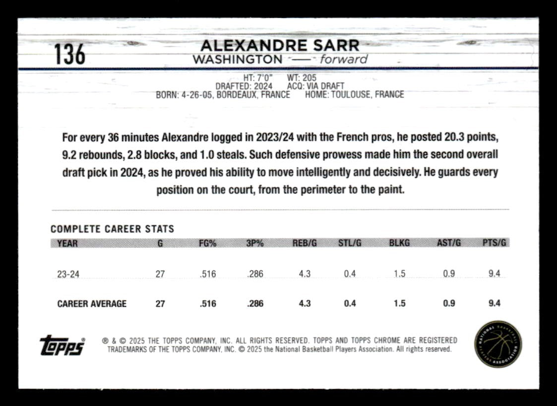 2024-25 Topps Chrome #136 Alexandre Sarr