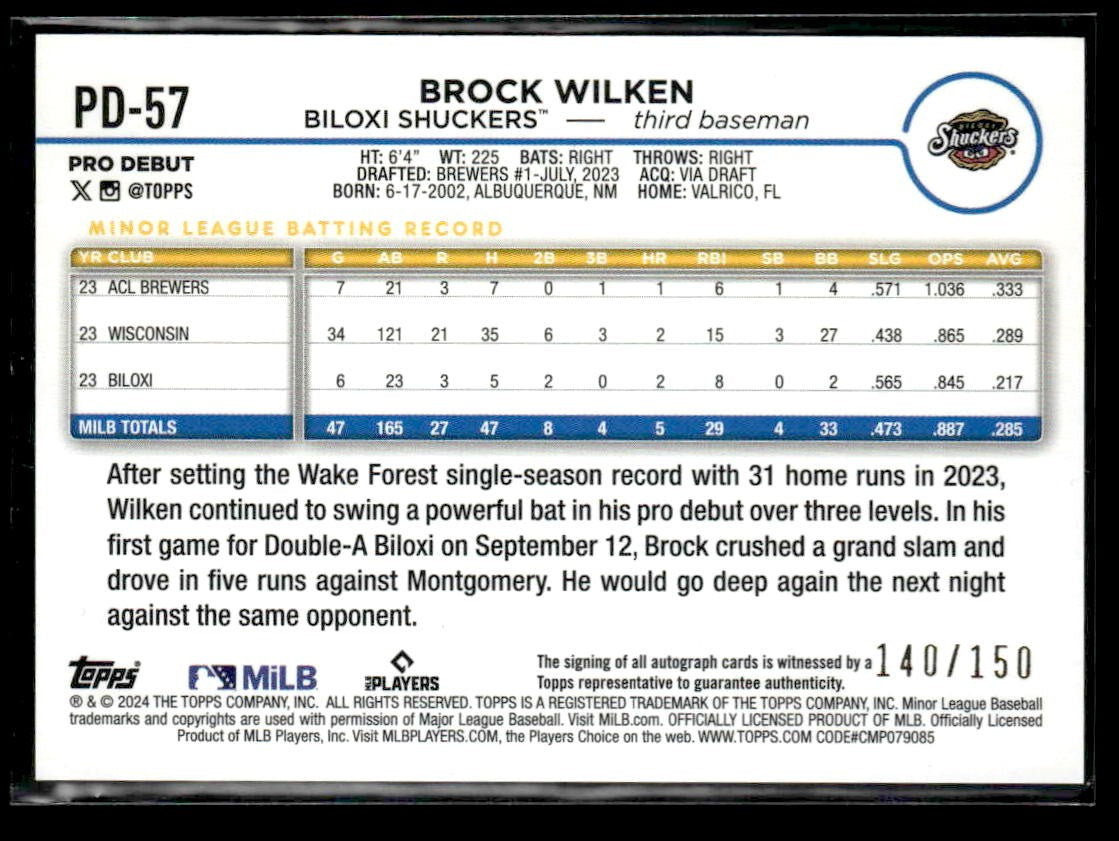 2024 Topps Pro Debut #PD-57 Brock Wilken Autographs Blue #/150