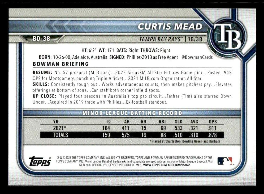 2022 Bowman Draft 1st Edition #BD-38 Curtis Mead