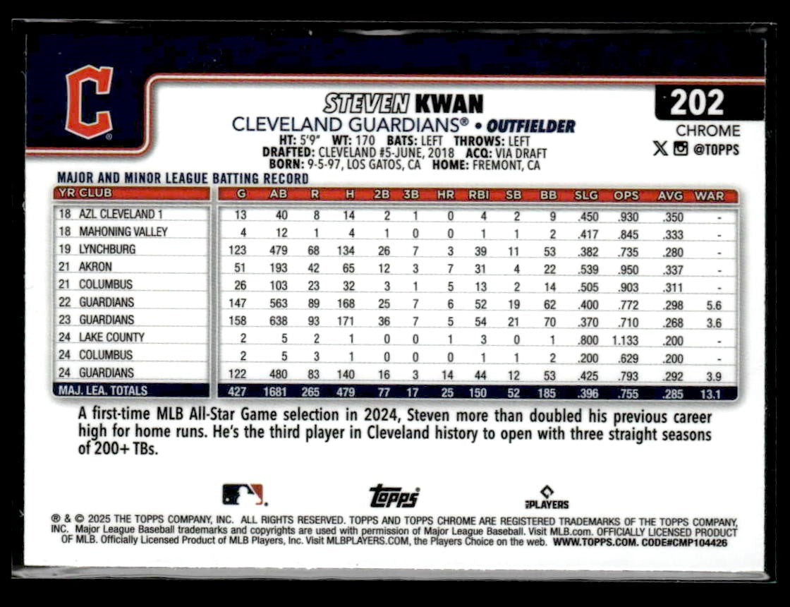 2025 Topps Chrome #202 Steven Kwan Teal Refractors #/299