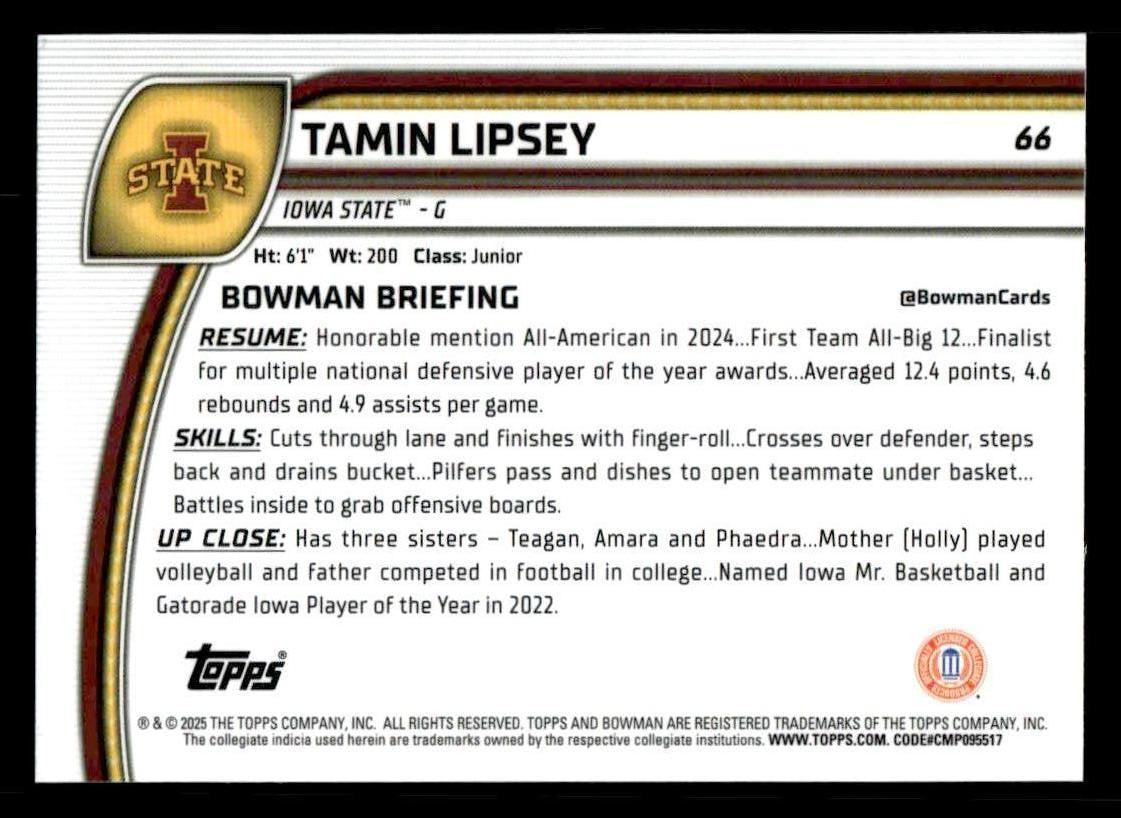 2024-25 Bowman University Chrome #66 Tamin Lipsey