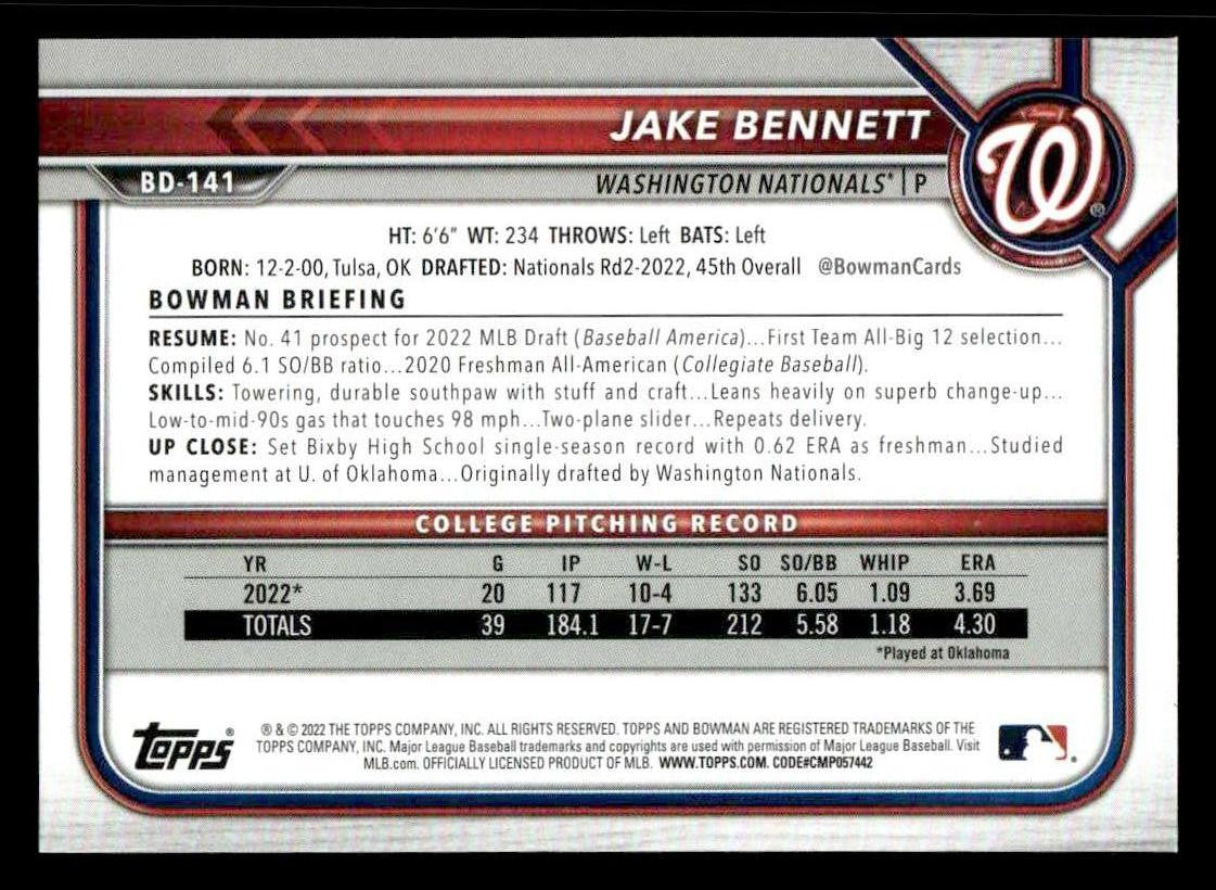 2022 Bowman Draft 1st Edition #BD-141 Jake Bennett