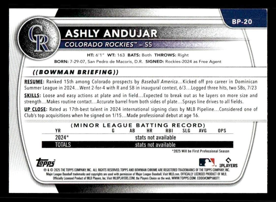 2025 Bowman #BP-20 Ashly Andujar Prospects