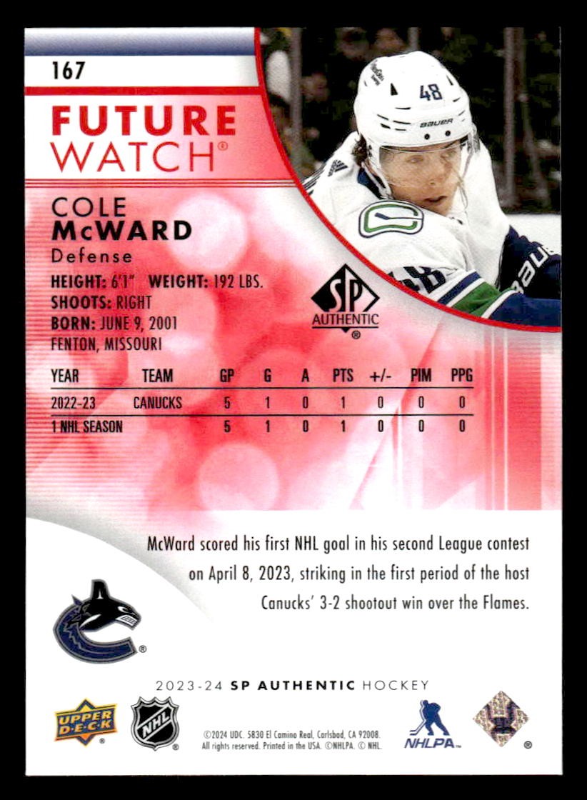 2023-24 SP Authentic #167 Cole McWard Limited Red