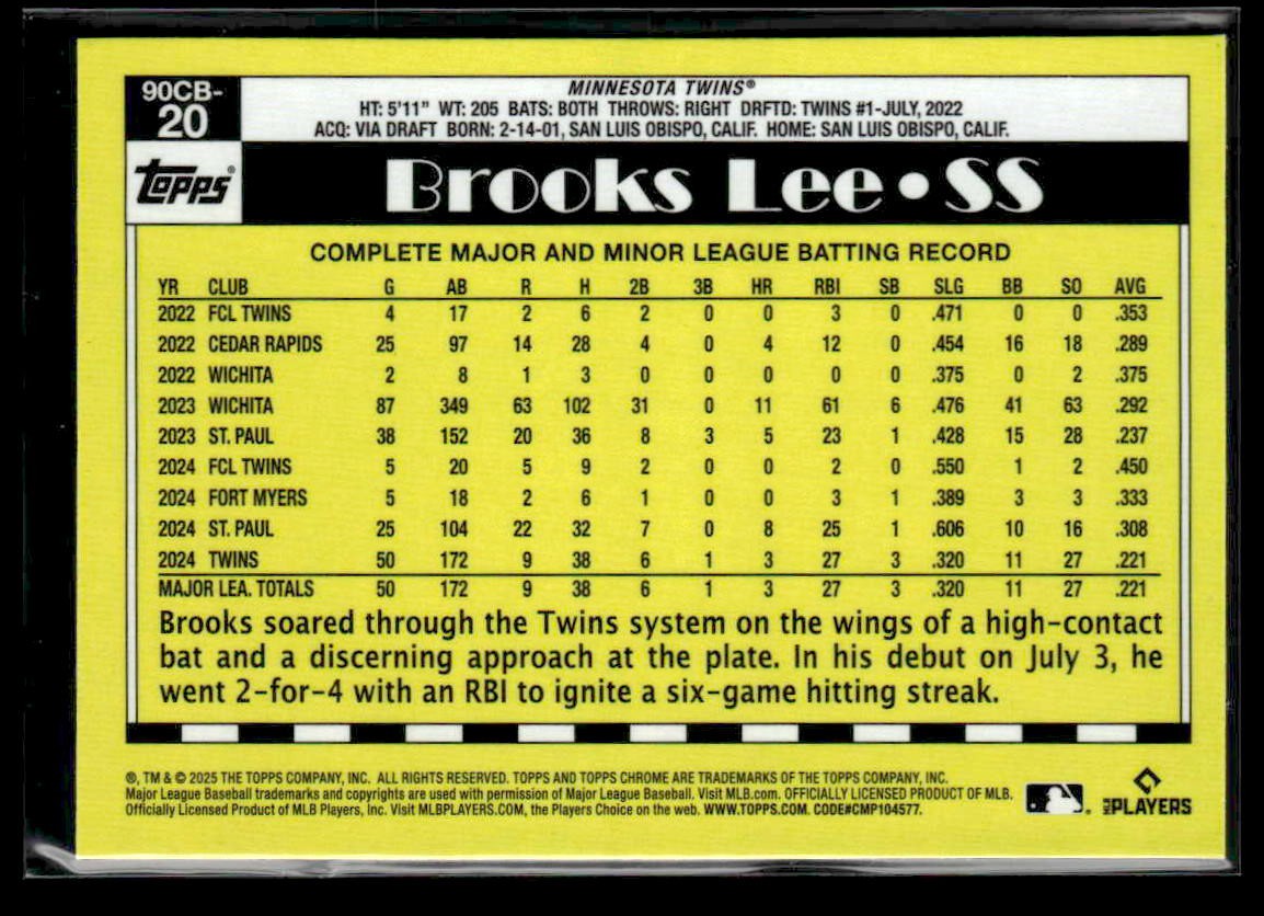 2025 Topps Chrome #90CB-20 Brooks Lee 1990 Topps Baseball 35th Anniversary