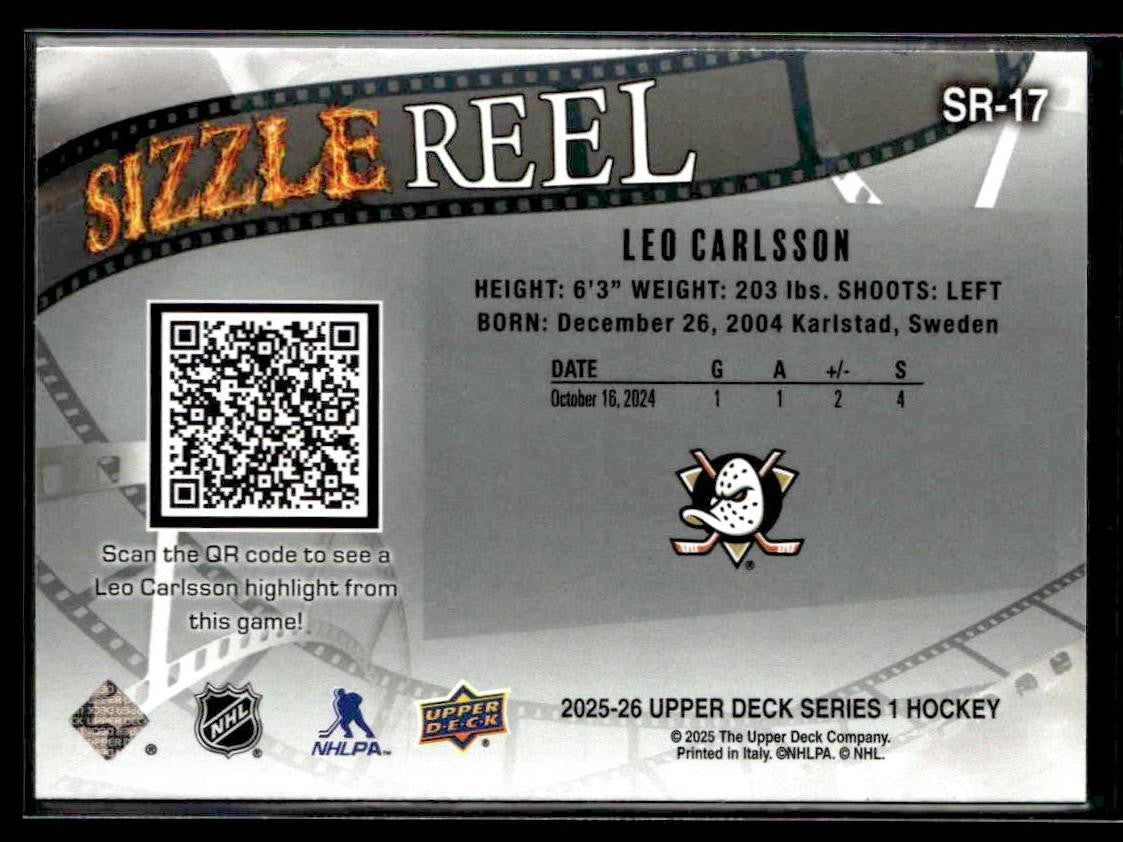 2025-26 Upper Deck #SR-17 Leo Carlsson Sizzle Reel