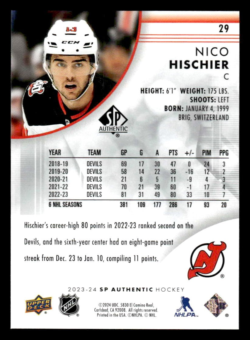 2023-24 SP Authentic #29 Nico Hischier