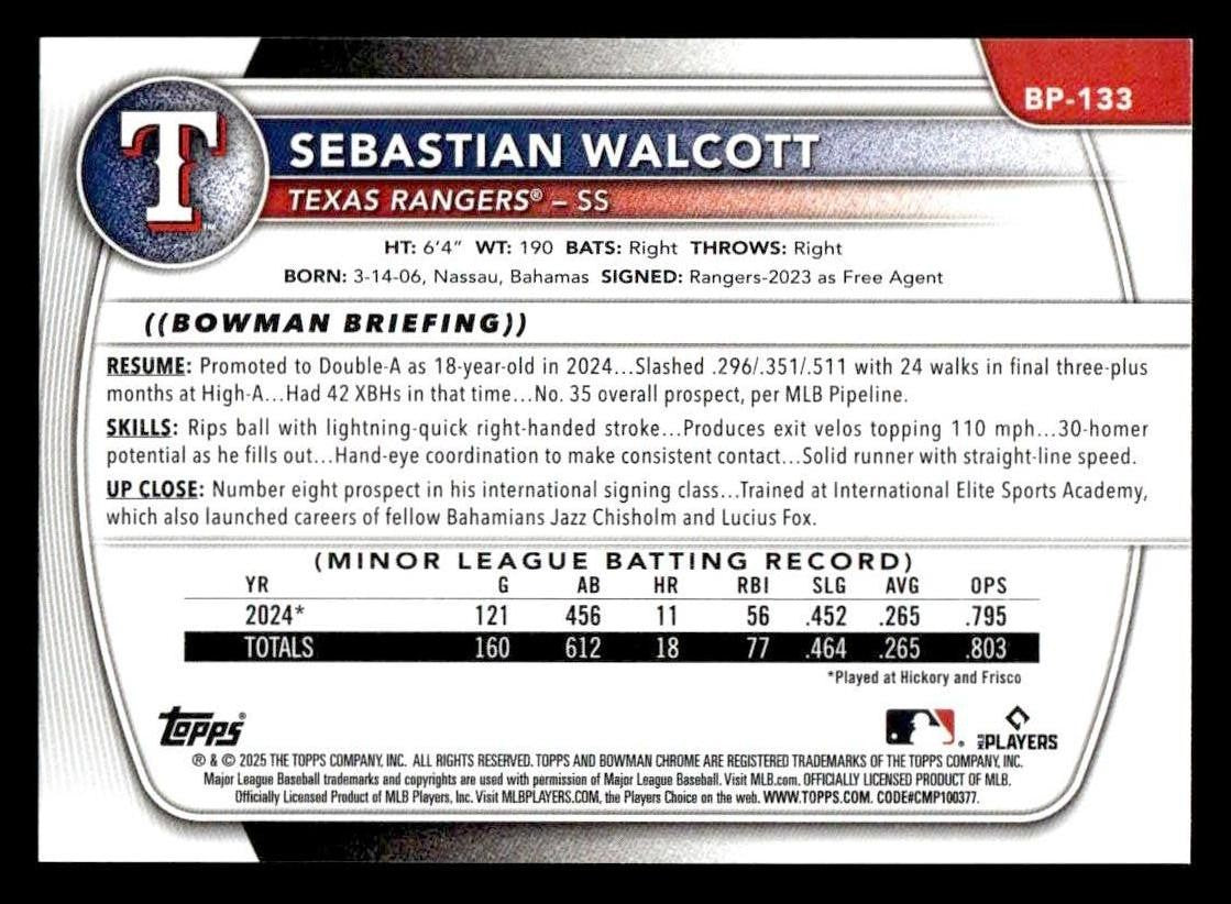 2025 Bowman #BP-133 Sebastian Walcott Prospects
