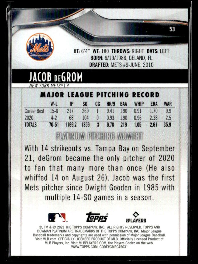 2021 Bowman Platinum #53 Jacob deGrom Foilboard #/299