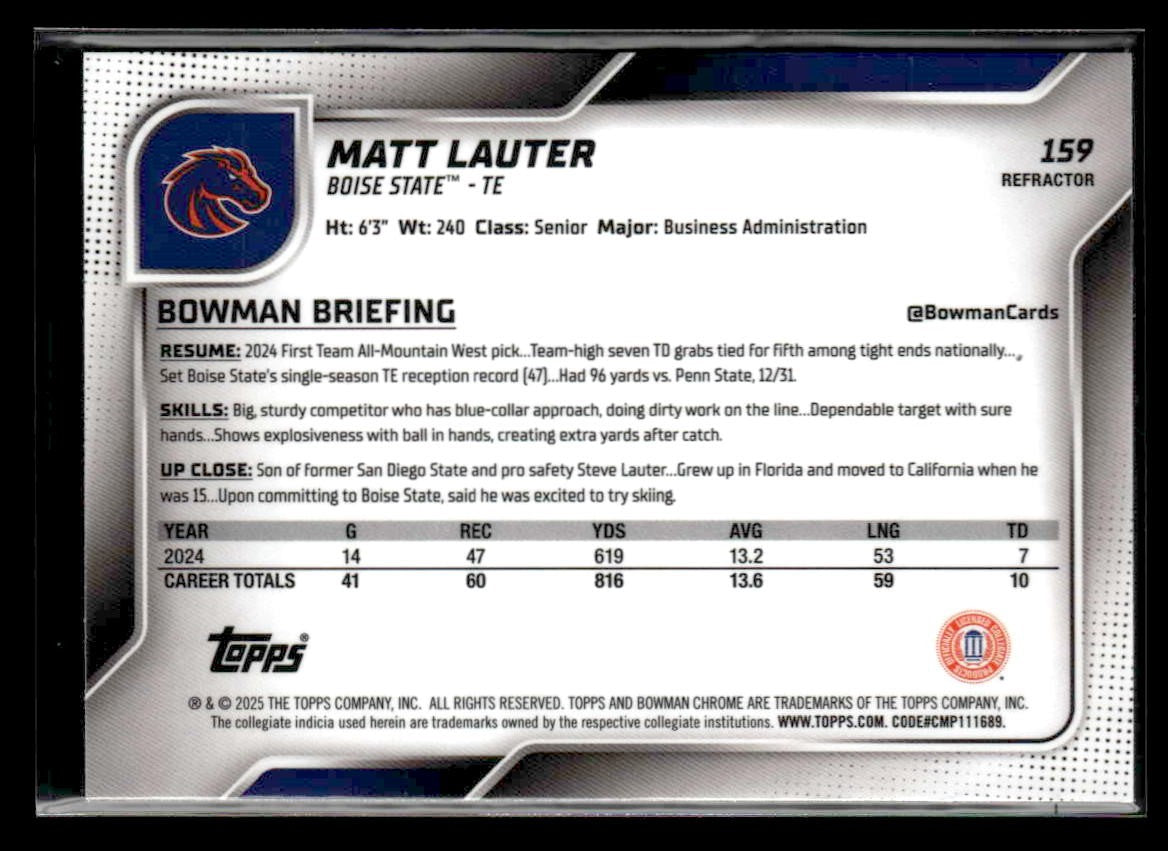 2025 Bowman University Chrome #159 Matt Lauter Refractor