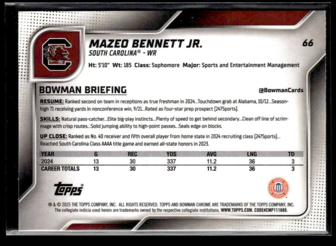 2025 Bowman University Chrome #66 Mazeo Bennett Jr. Yellow Refractor #/350