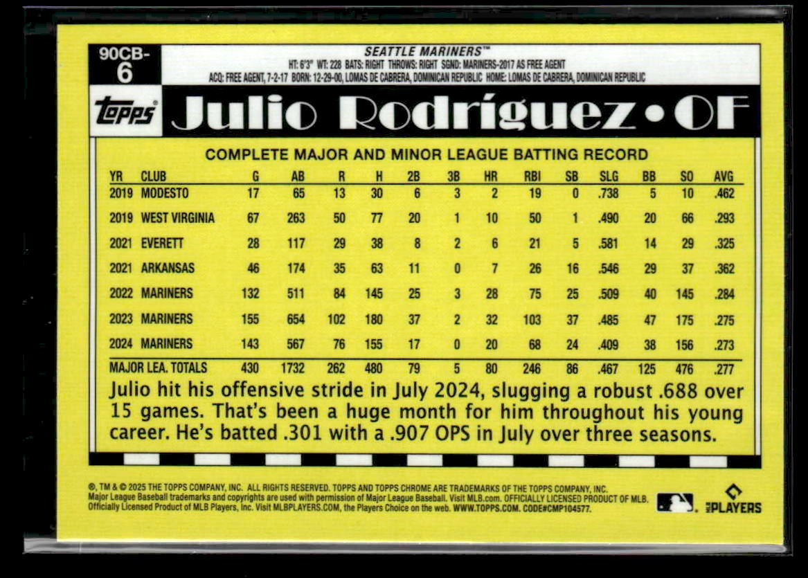 2025 Topps Chrome #90CB-6 Julio Rodriguez 1990 Topps Baseball 35th Anniversary