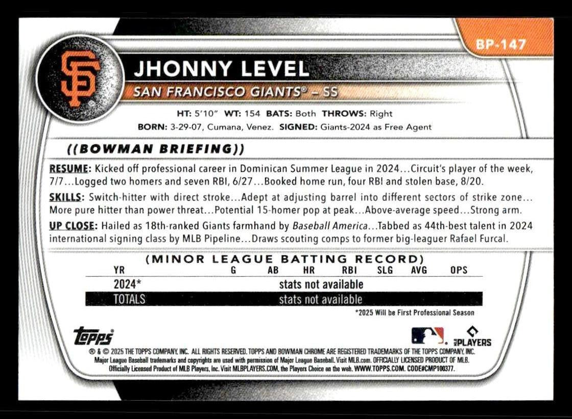 2025 Bowman #BP-147 Jhonny Level Prospects