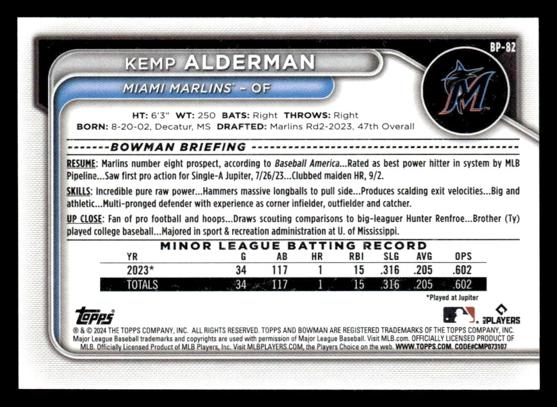 2024 Bowman #BP-82 Kemp Alderman Prospects