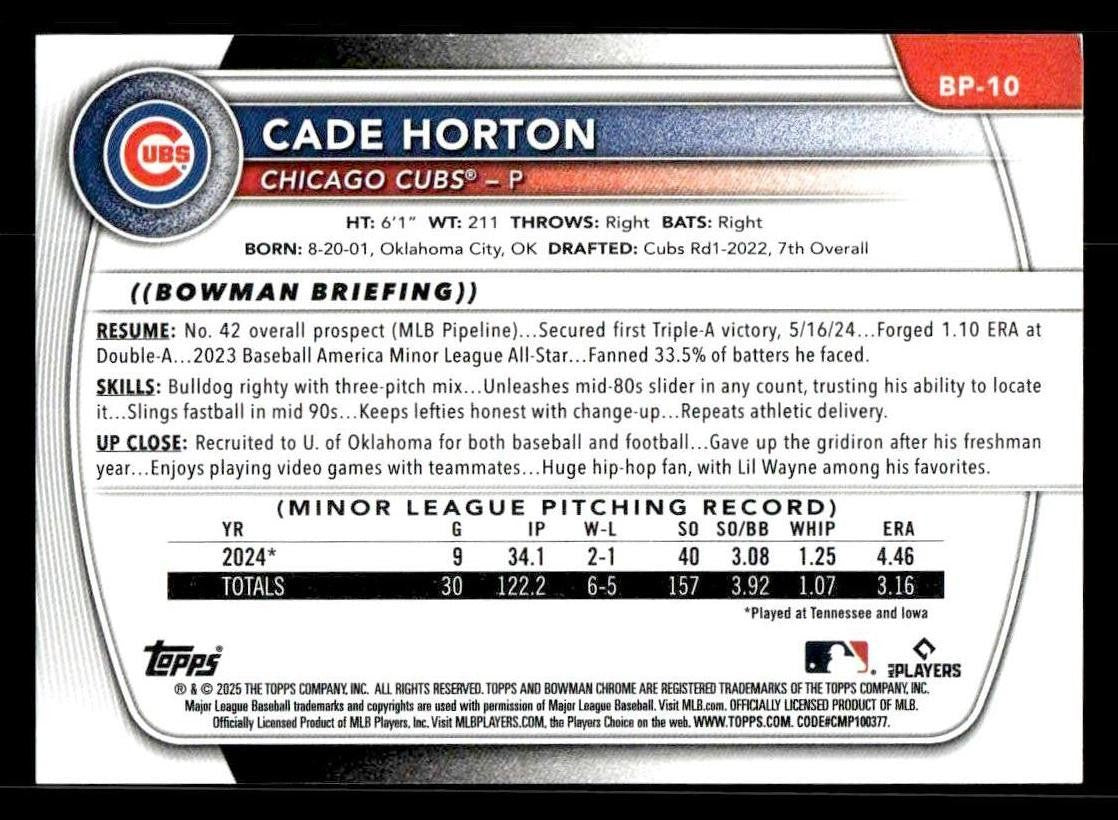 2025 Bowman #BP-10 Cade Horton Prospects